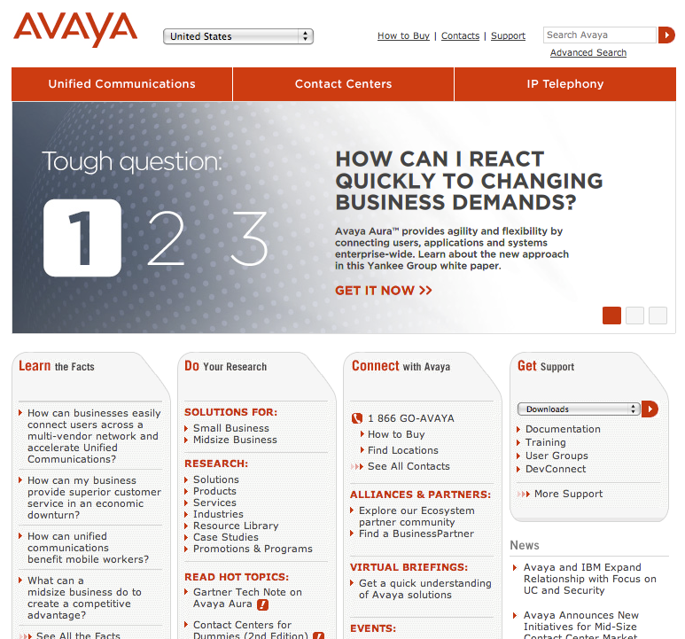 Avaya.com homepage before the redesign