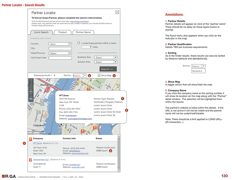 Annotated wireframes for Avaya.com — Business Partner Locator feature