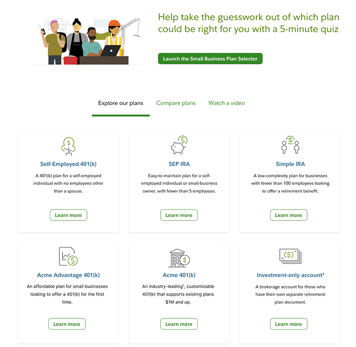 Small Business Plan Selector tool design — Fidelity
