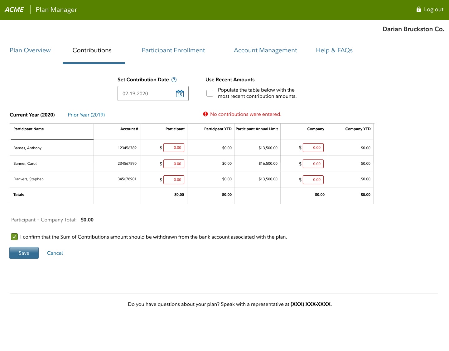 SIMPLE Plan Manager — contributions edit error state