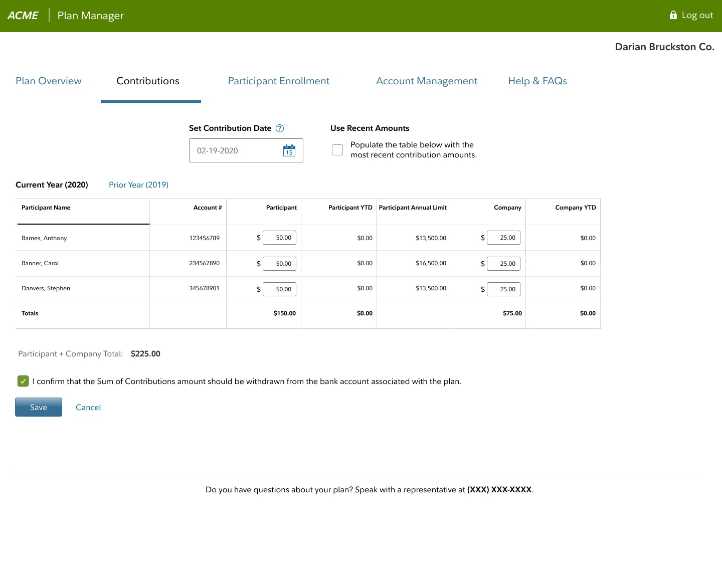 SIMPLE Plan Manager — contributions with values entered